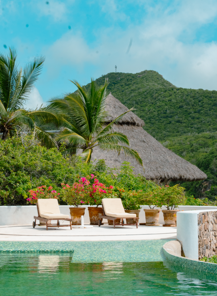 Palapa roof among palms and a tropical garden at Casa Papelillo